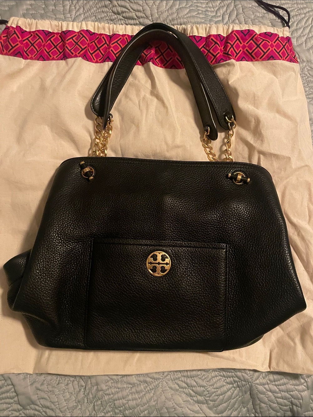 Tory Burch Black Pebbled Leather Shoulder Bag with Gold Logo